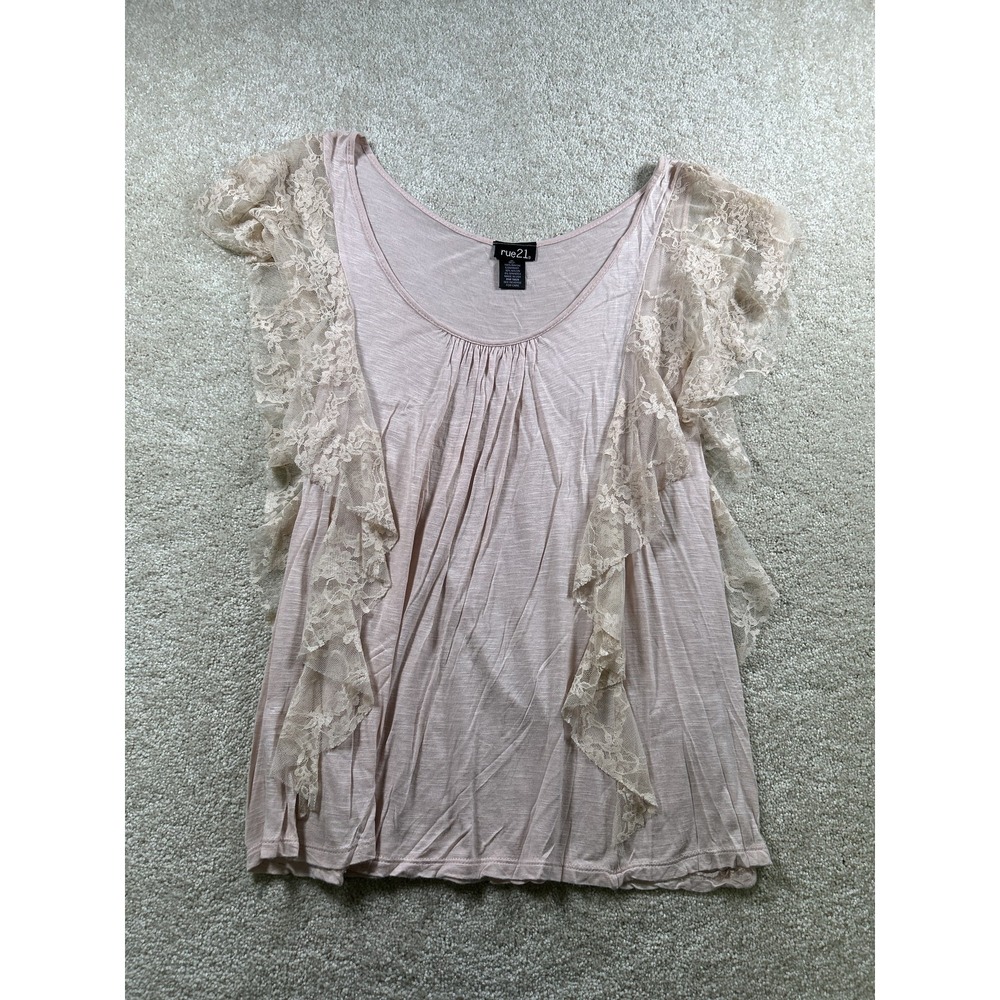 Rue21 Shirt Womens Medium Pink Lace Ruffle Sleeve Soft Top‎ Blouse Made USA Boho
